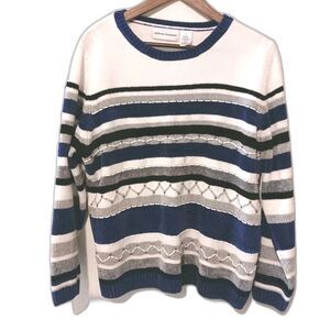Alfred Dunner Chenille Stripe Beaded Sweater Sz L Blue White Black Gray Crewneck